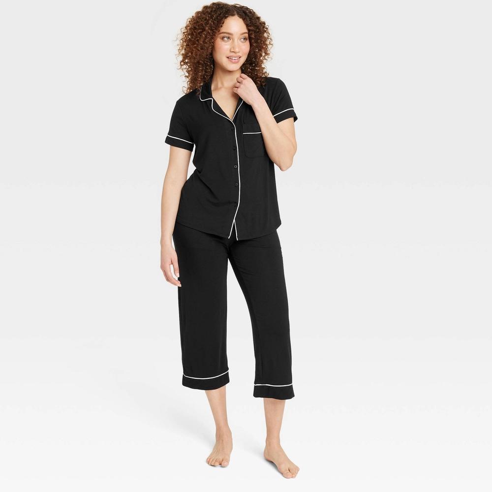 Women's Cloud Knit Short Sleeve Notch Collar Top and Cropped Pants Pajama Set - Auden™ Black L Product Image