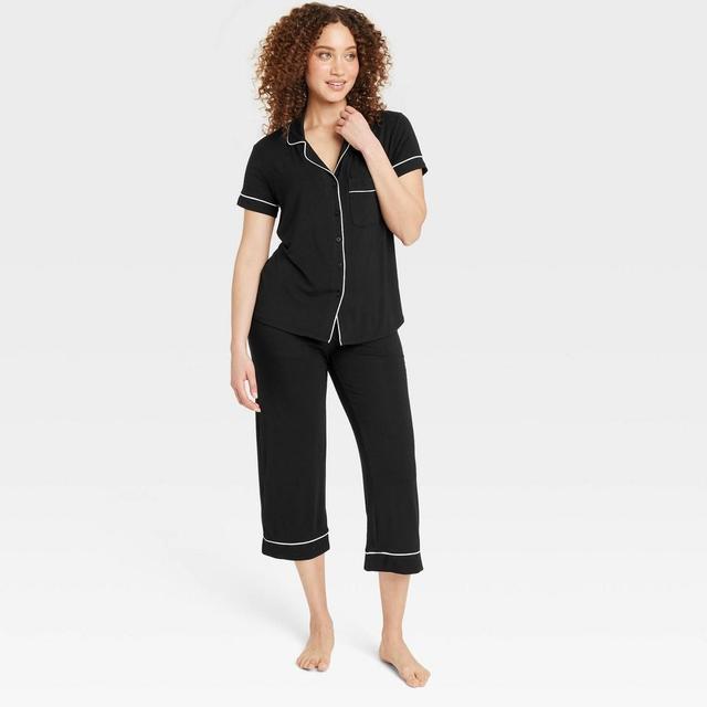 Womens Cloud Knit Short Sleeve Notch Collar Top and Cropped Pants Pajama Set - Auden Black M Product Image