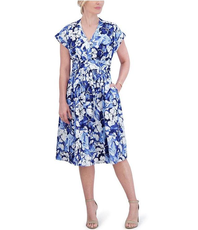 Jessica Howard Cap Sleeve V-Neck Floral Midi Fit and Flare Dress Product Image