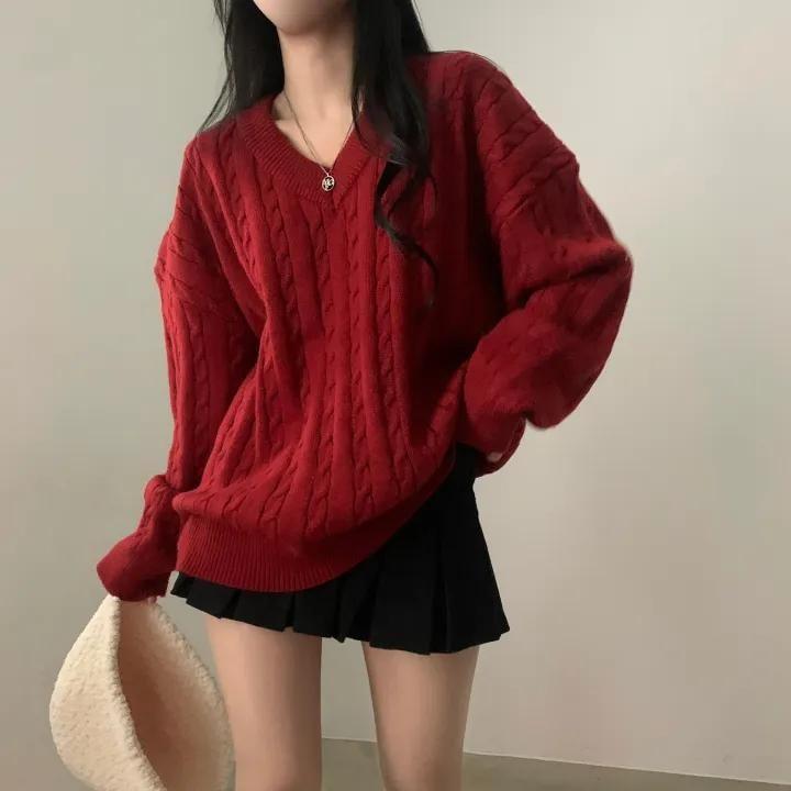 V-Neck Plain Cable-Knit Oversized Sweater Product Image