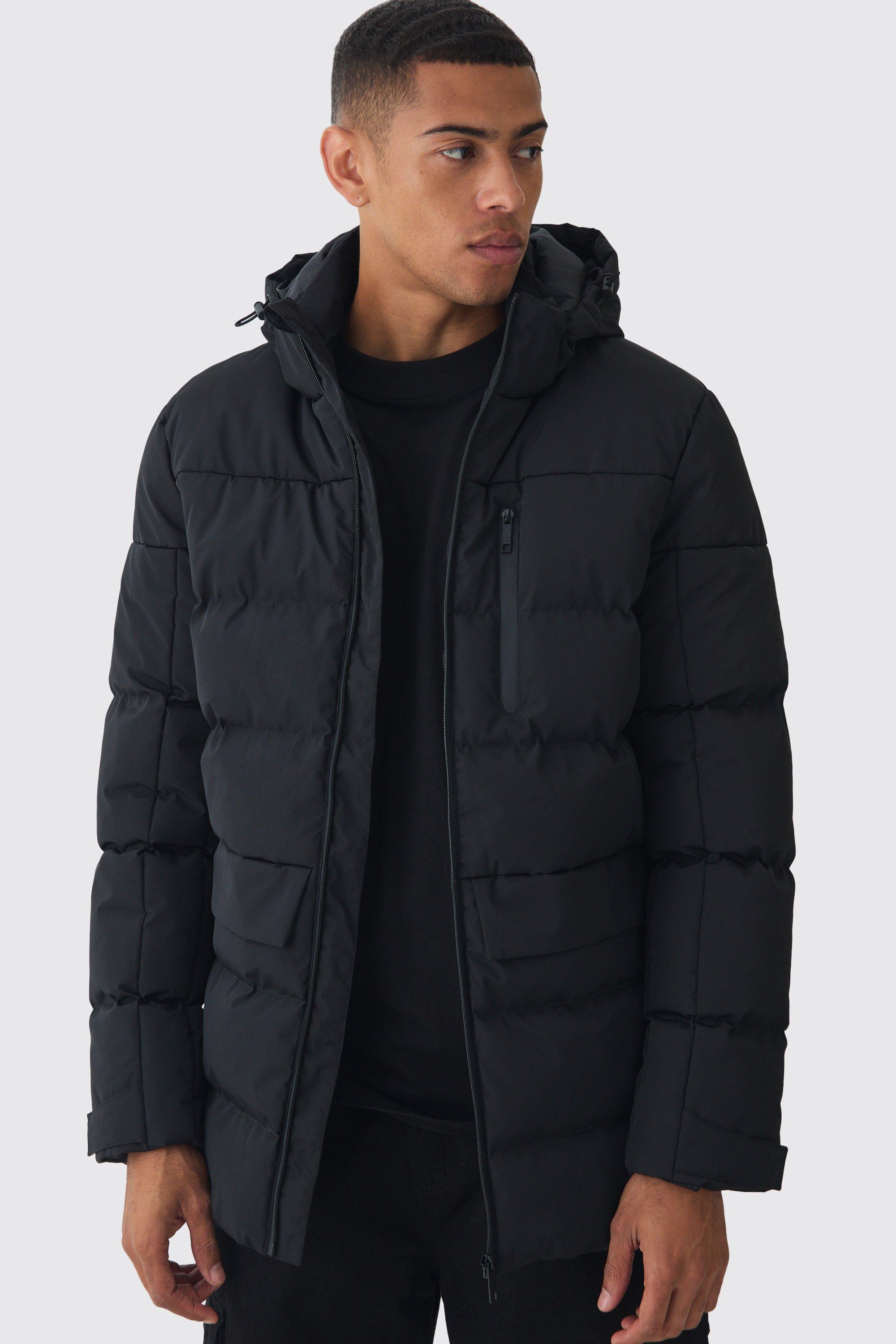 Mid Length Hooded Puffer In Black | boohooMAN USA Product Image