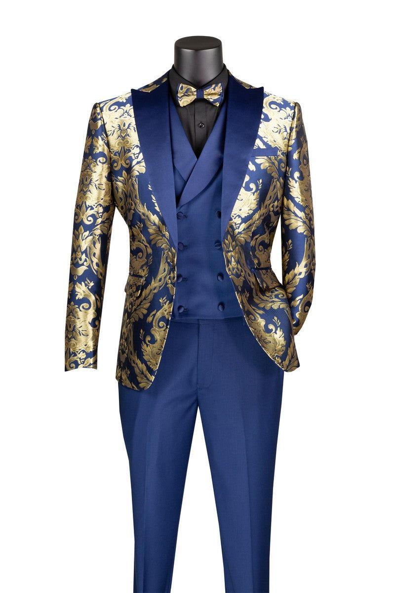 Navy Gold Modern Fit 3 Piece Suit with Matching Bow Tie Product Image