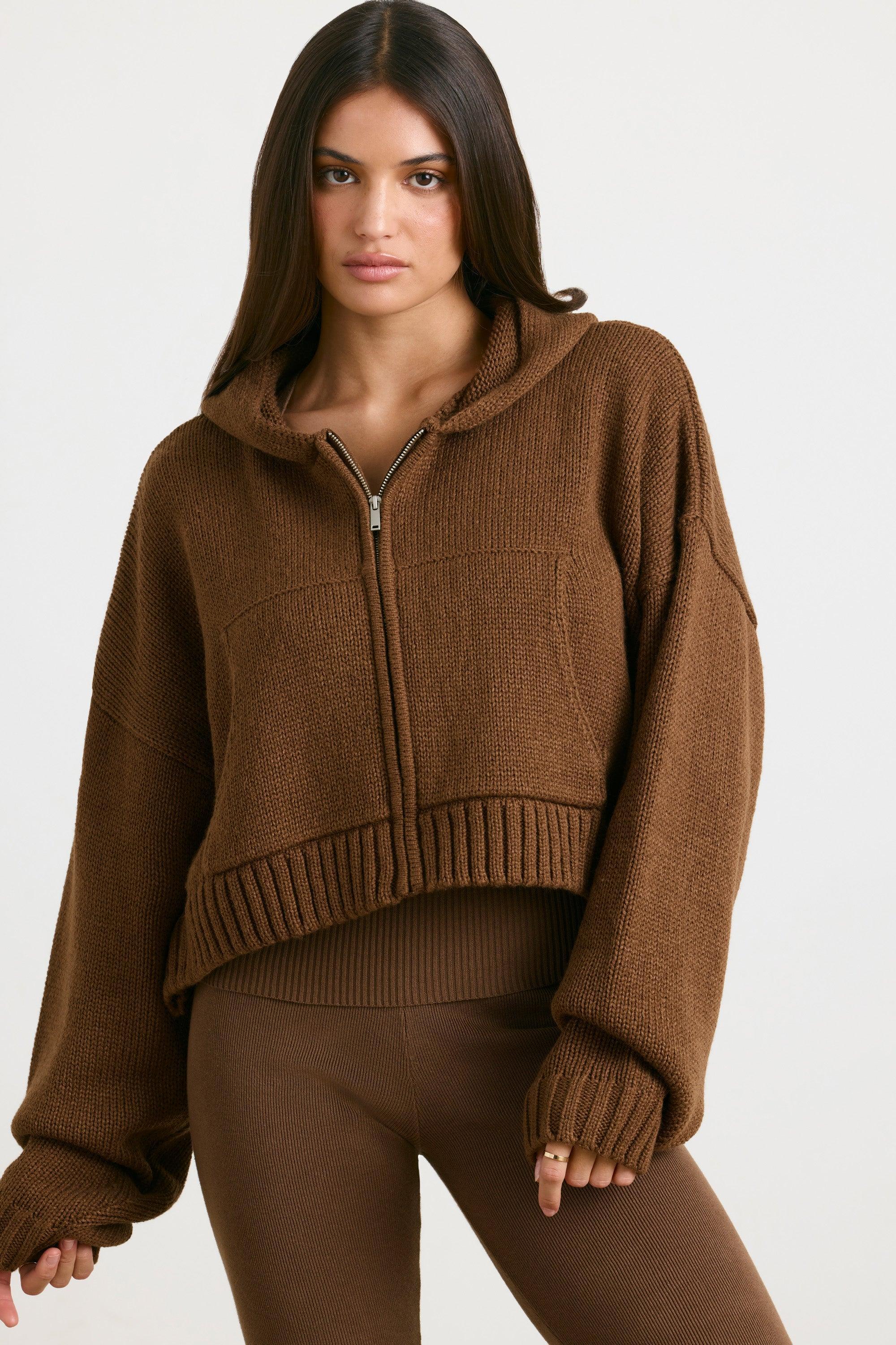 Cropped Zip Up Chunky Knit Hoodie in Espresso Product Image