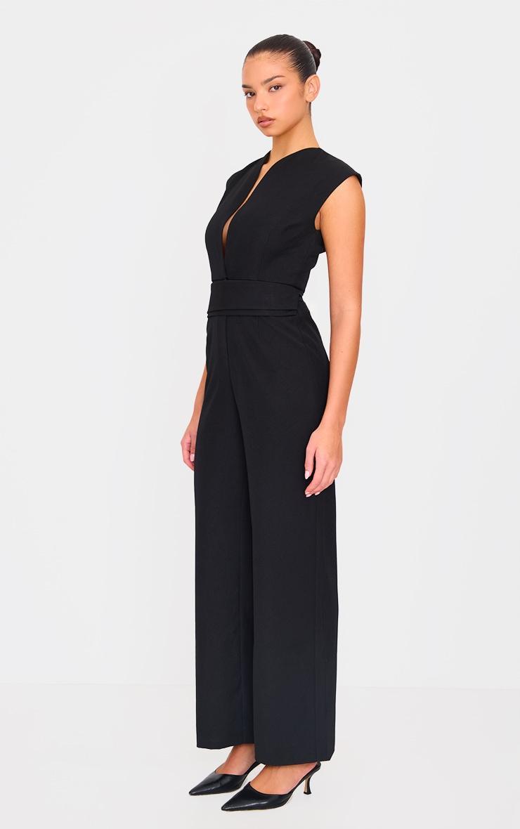 Black Premium Woven Sleeveless Waist Detail Straight Leg Jumpsuit Product Image