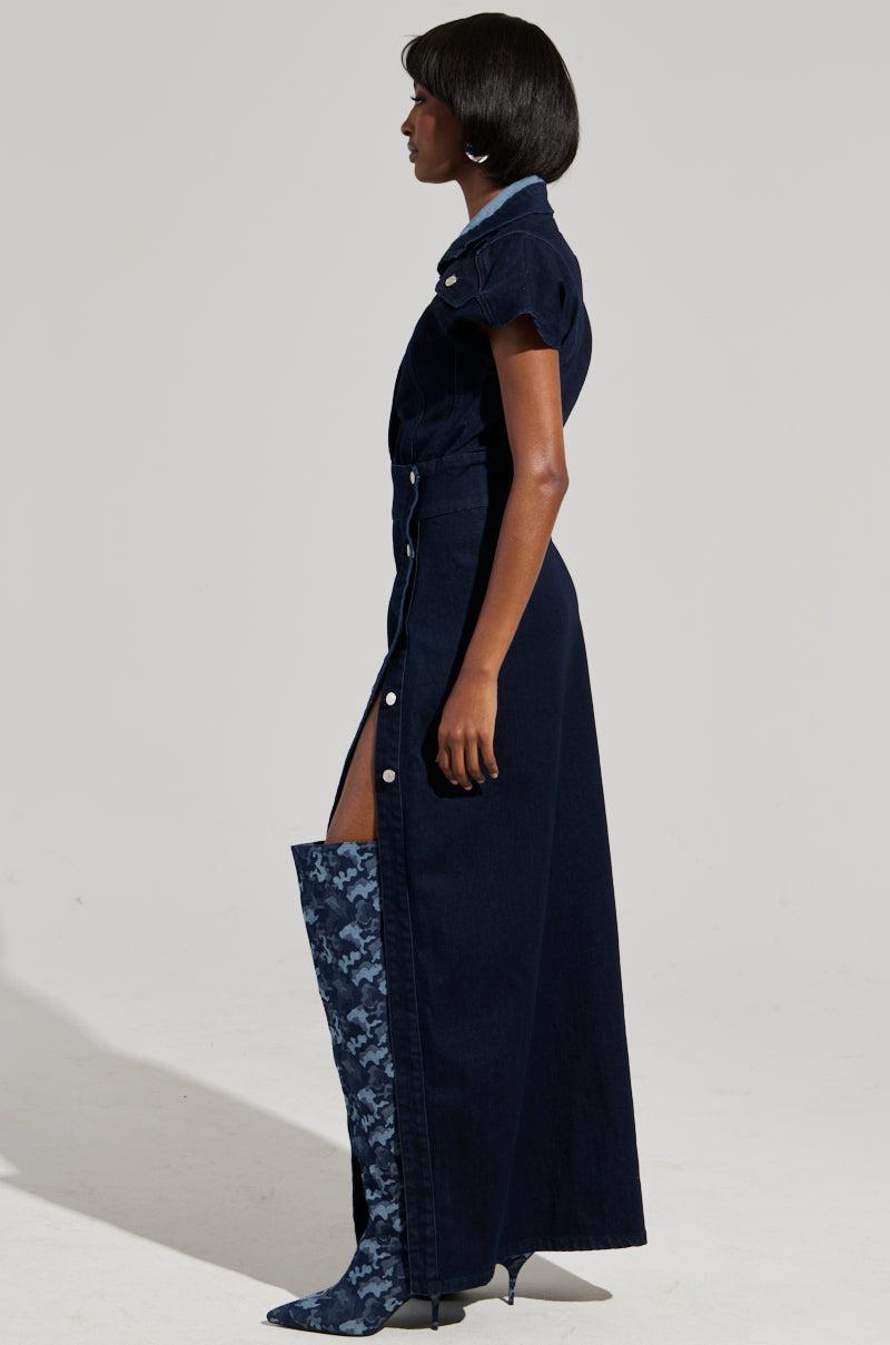 CHELSEA BUTTON SIDE DENIM MAXI DRESS Product Image