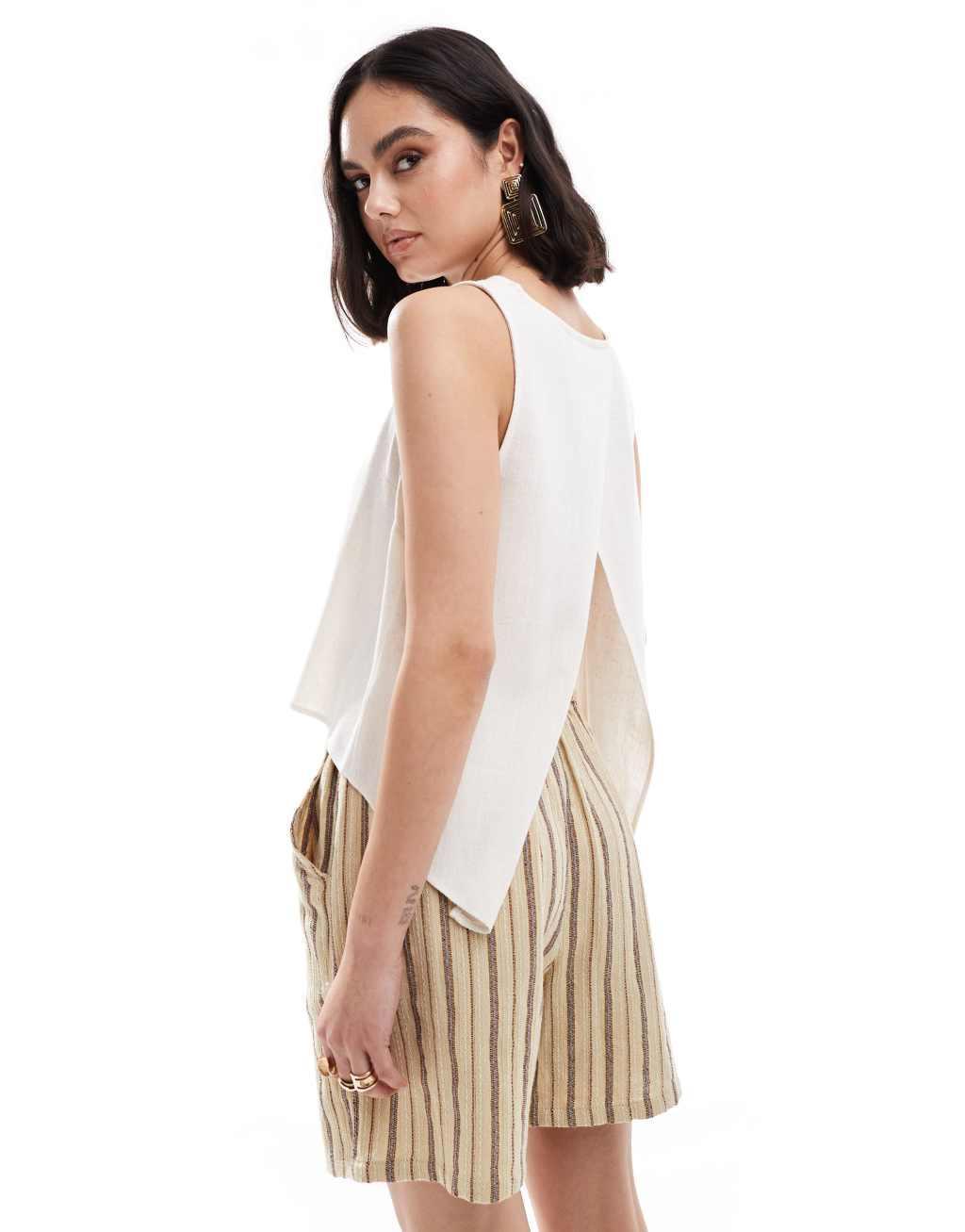 ASOS DESIGN wrap back linen mix top in natural Product Image