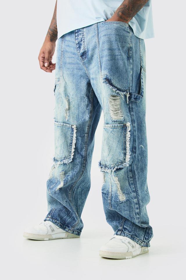 Plus Relaxed Rigid Ripped Carpenter Cargo Jean | boohooMAN USA Product Image