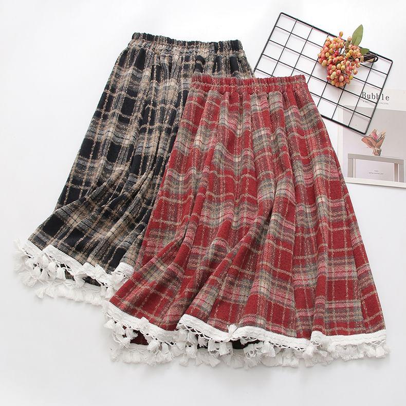 High Waist Plaid Lace Trim Midi A-Line Skirt (Various Designs) Product Image