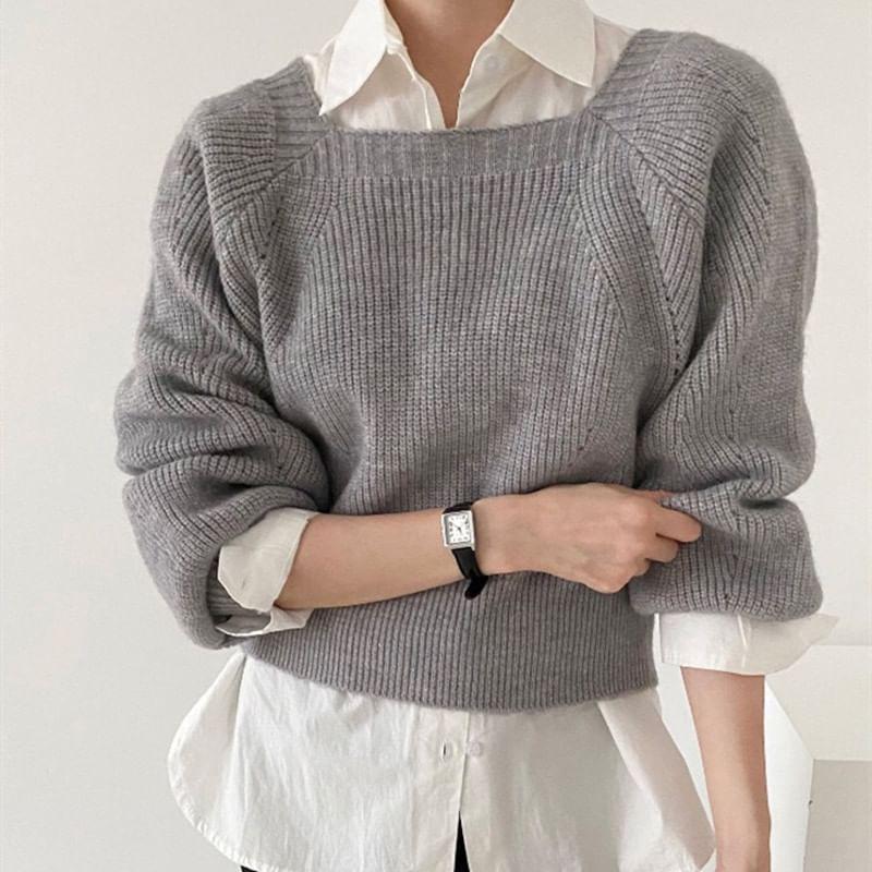 Square Neck Ribbed Pointelle Sweater Product Image