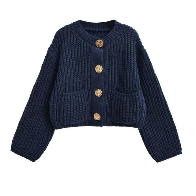 Round Neck Plain Pocket Detail Cardigan Product Image