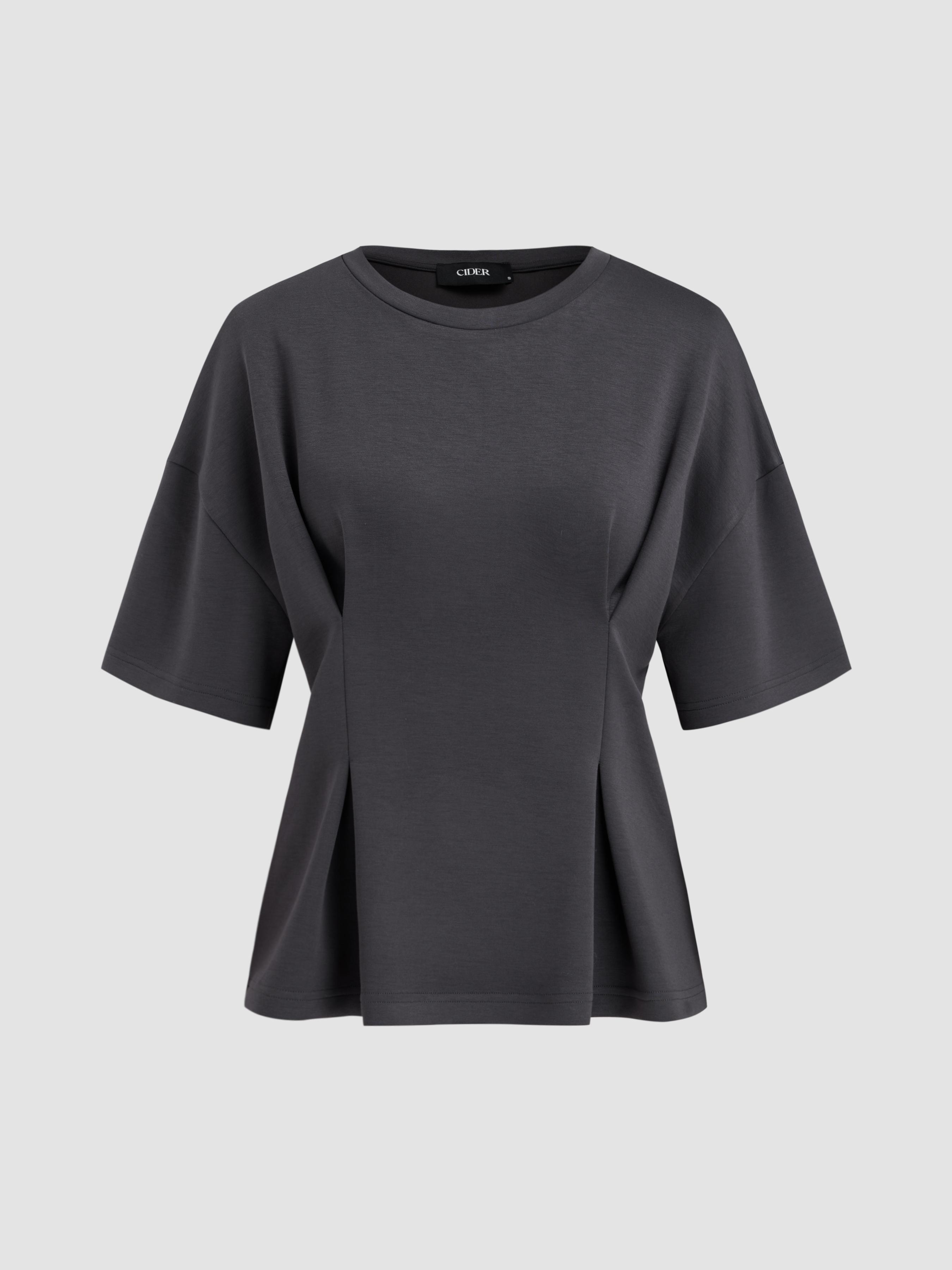 Round Neck Solid Ruched Short Sleeve Tee Product Image