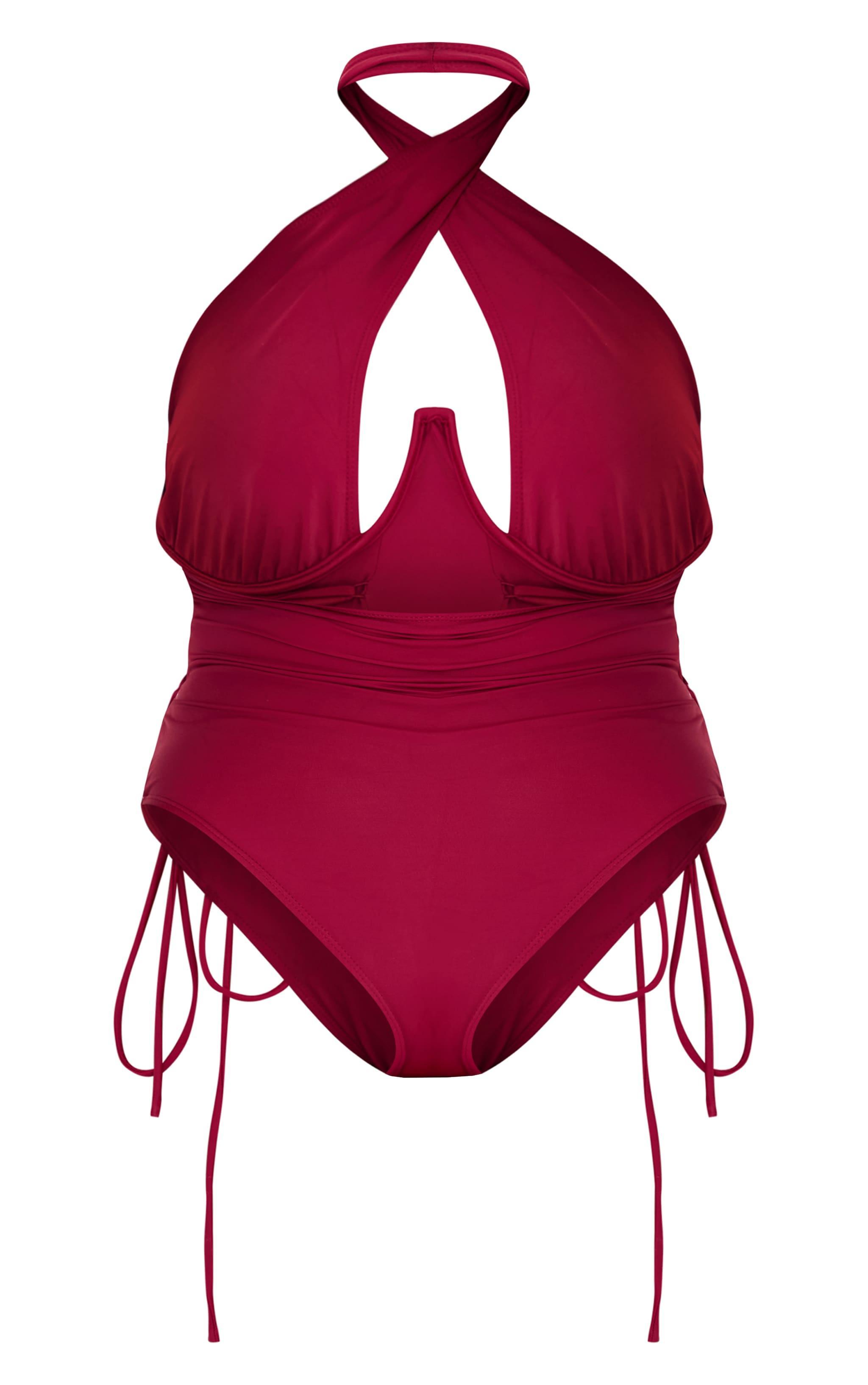 Plus Berry Lace Up Halterneck High Leg Swimsuit Product Image