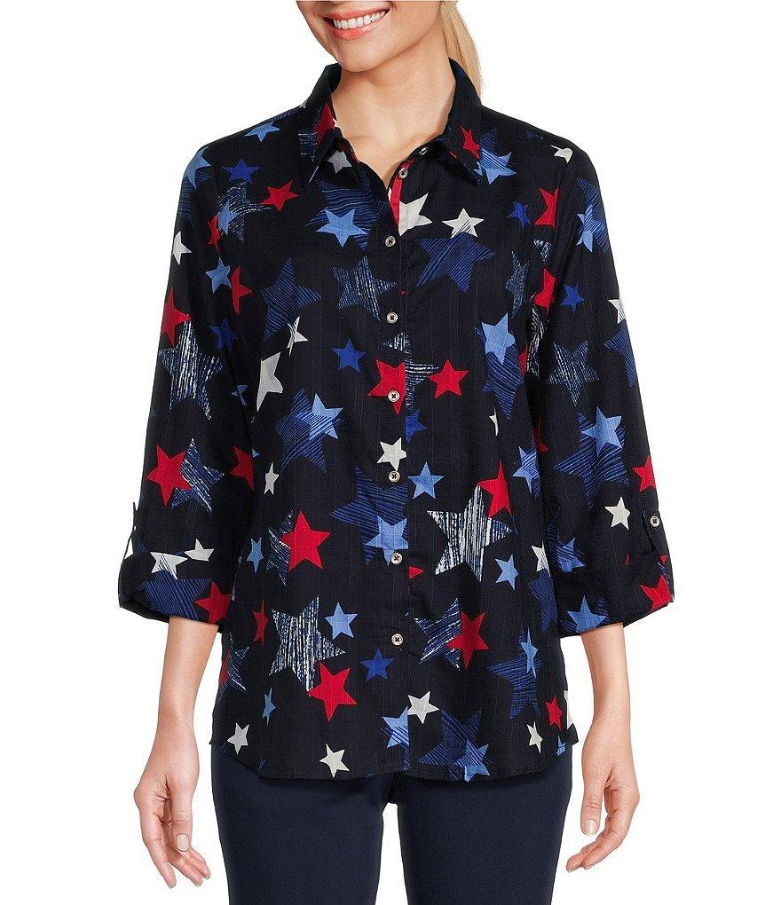 Allison Daley Star Print 3/4 Roll Tab Sleeve Point Collar Button Front Shirt Product Image