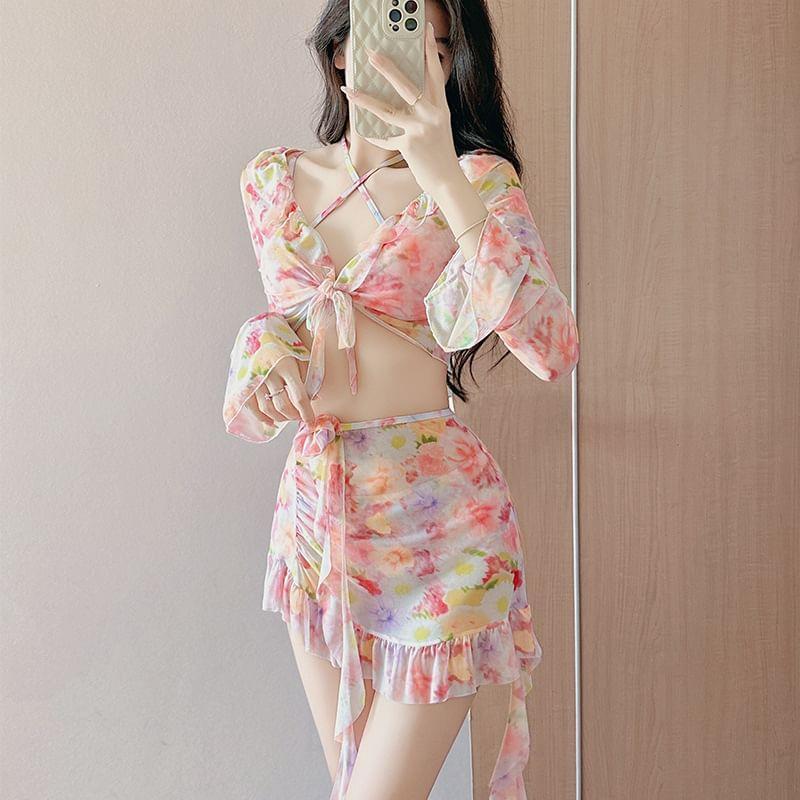 Set: Halter Floral Bikini Top + Bottom + Tie Front Cover Up + Skirt Product Image