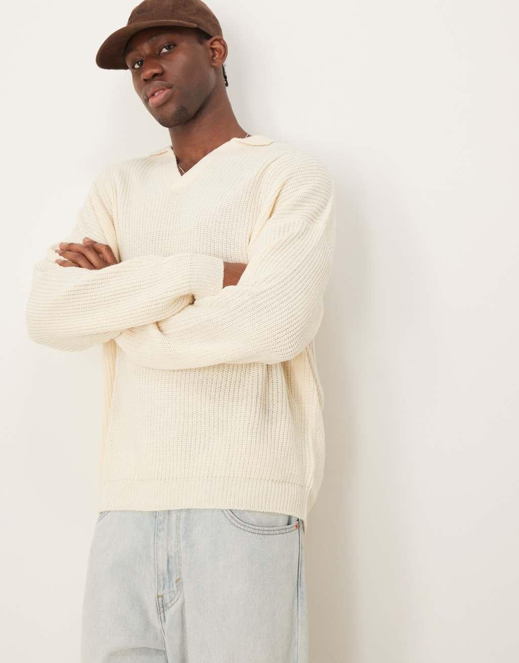 ASOS DESIGN oversized ribbed knit sweater with notch neck in ecru Product Image