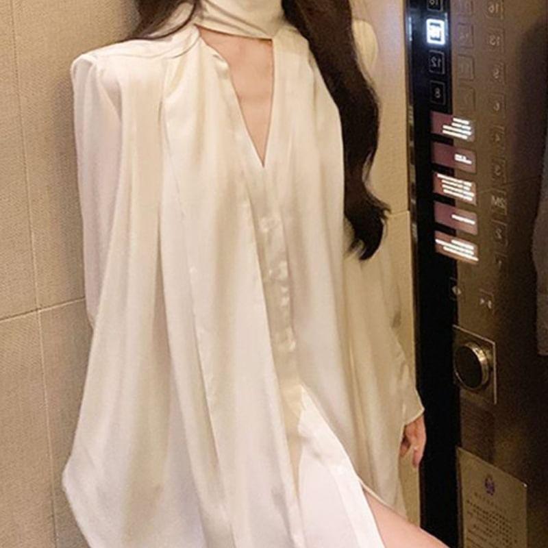 Long Sleeve V-Neck Plain Ruched Mini Shirt Dress Product Image