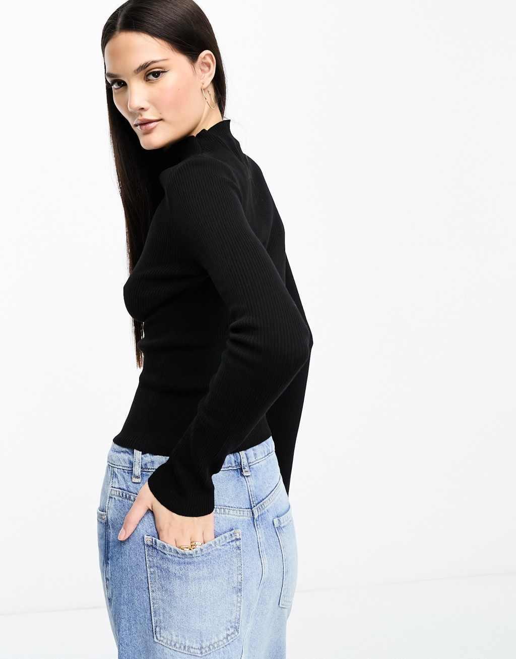 ASOS DESIGN rib sweater with high neck in black Product Image