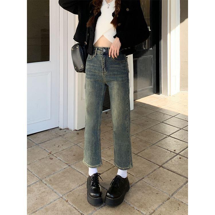 High Waist Washed Frayed Cropped Straight Leg Jeans Product Image