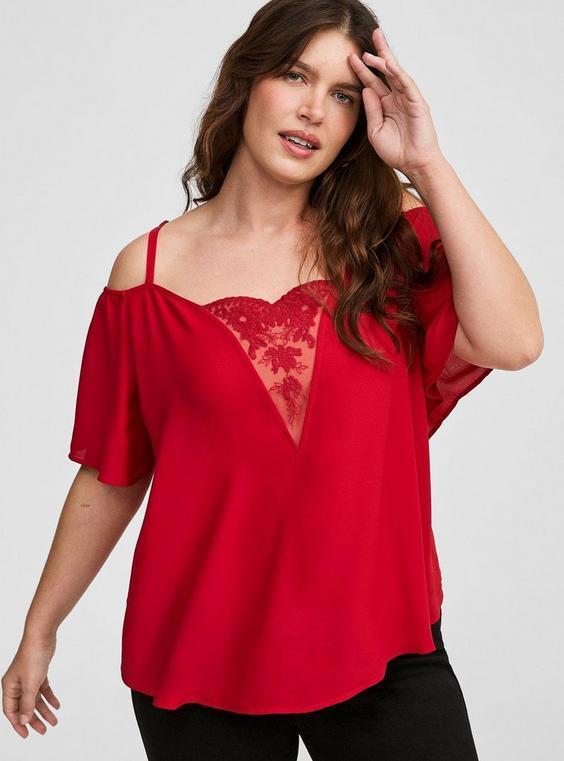 Georgette Lace Cold Shoulder Flutter Sleeve Top Product Image