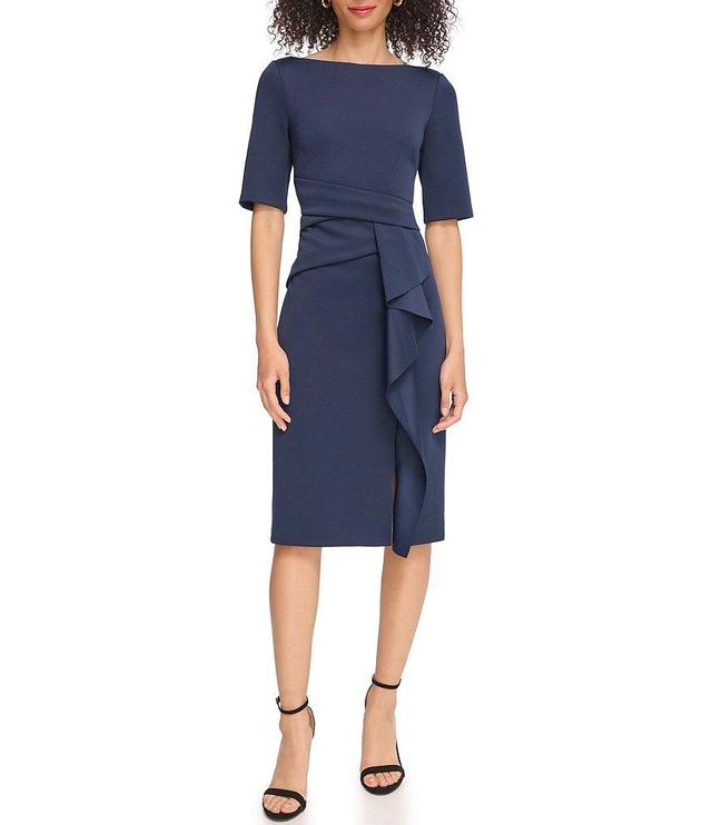 Vince Camuto Boat Neck Short Sleeve Cascading Ruffled Waist Scuba Knit Sheath Dress Product Image