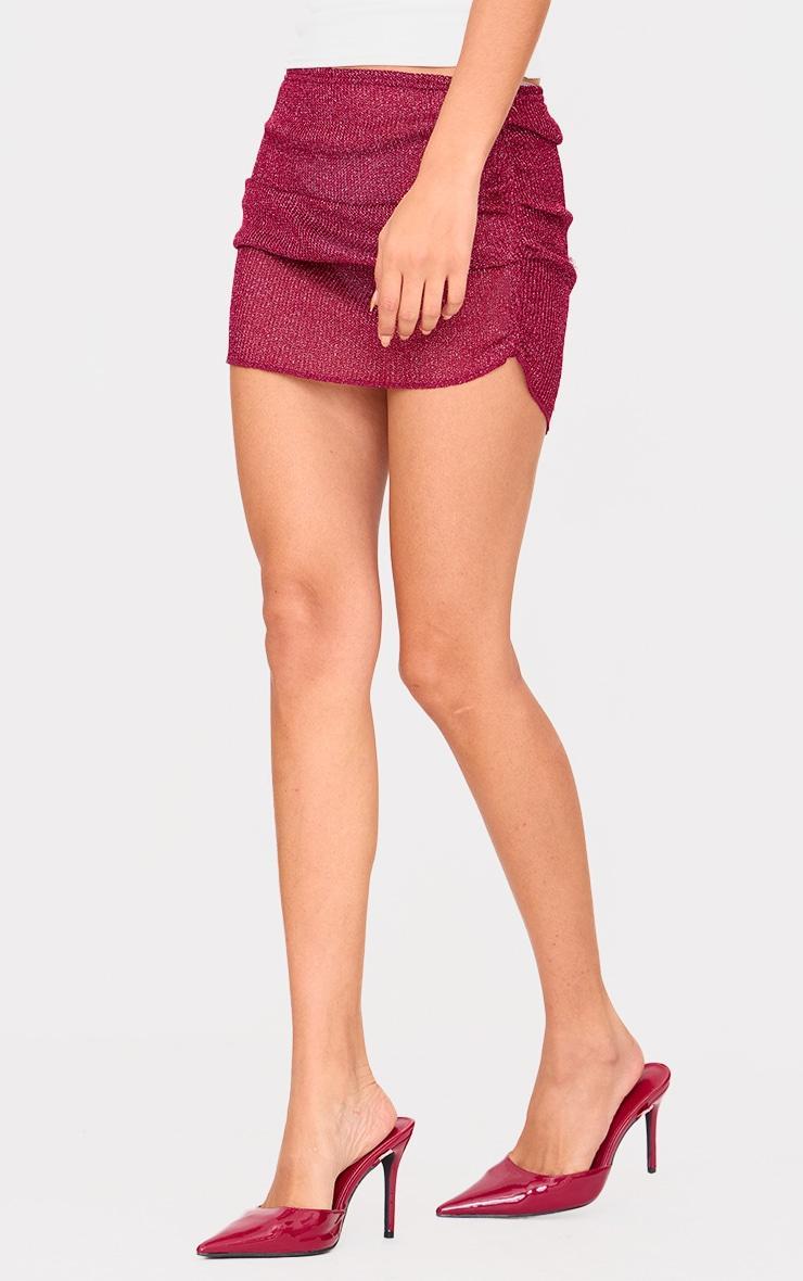 Burgundy Sheer Sequin Knit Ruched Side Mini Skirt Product Image