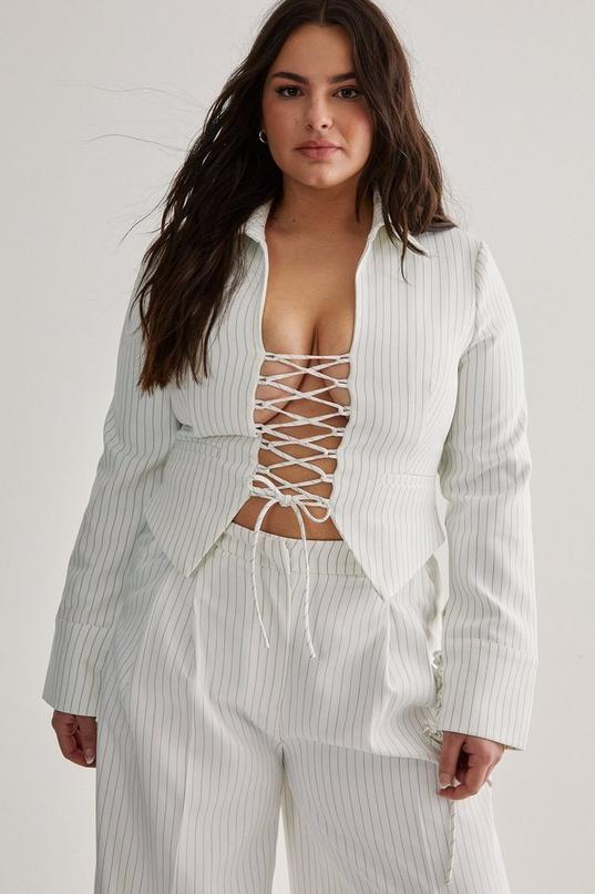 Plus Tailored Lace Front  Pinstripe Jacket Product Image