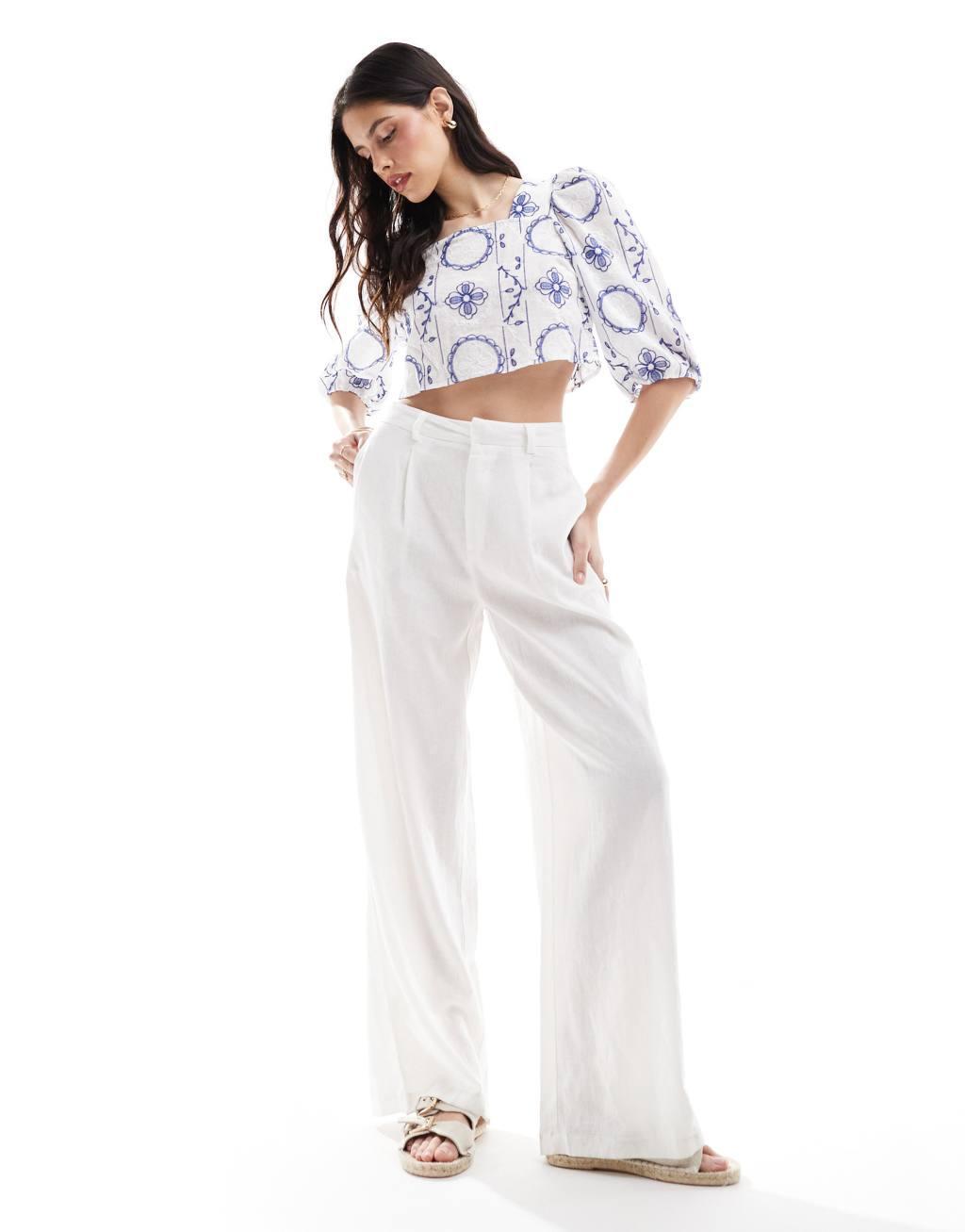 Only cropped embroidered woven top with tie back in white  Product Image