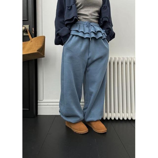 High Waist Ruffled Plain Fleeced Loose-Fit Wide-Leg Pants Product Image