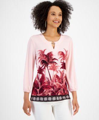 Jm Collection Womens Oasis Palm Chain-Trim Top, Created for Macys Product Image