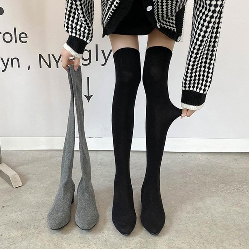 Block Heel Over-The-Knee Knit Boots Product Image