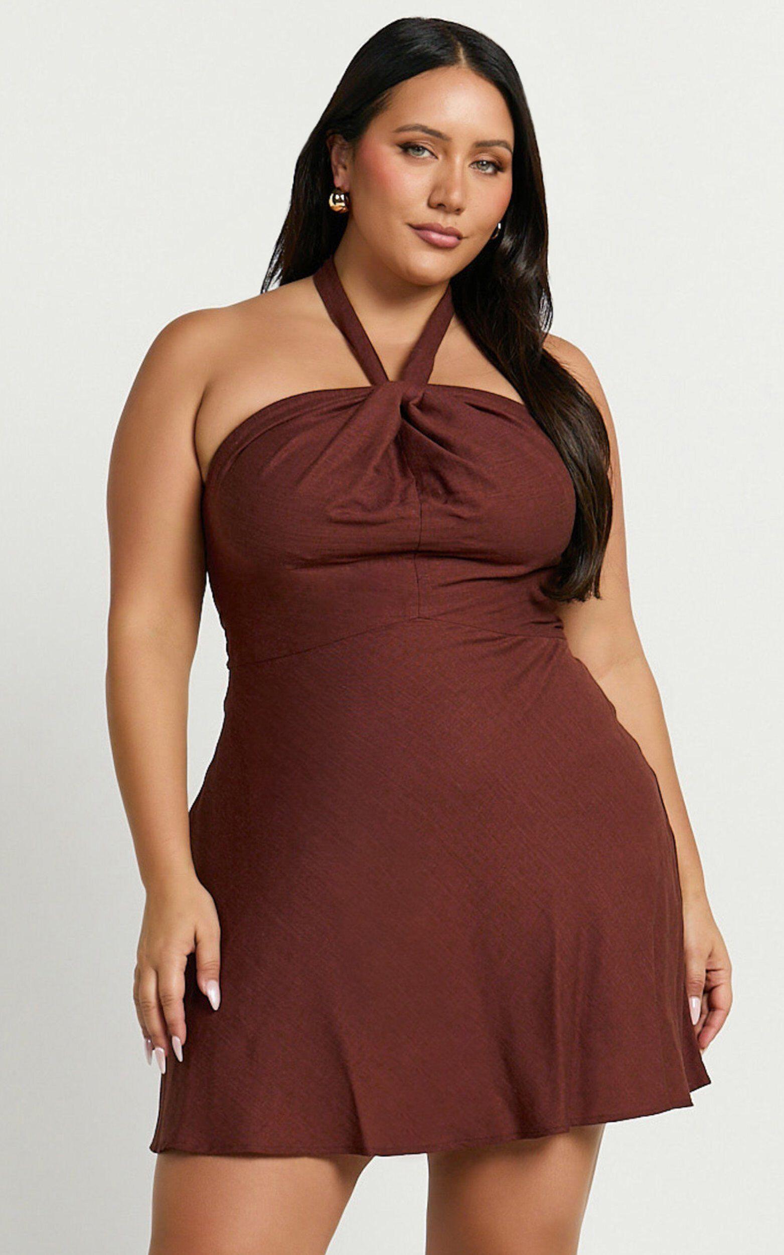 Louie Mini Dress - Linen Look Halter Neck Dress in Chocolate Product Image