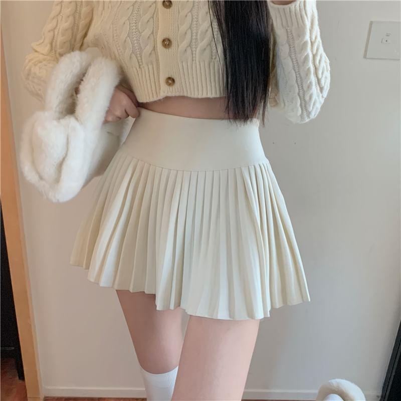 High Waist Plain Pleated Mini A-Line Skirt Product Image