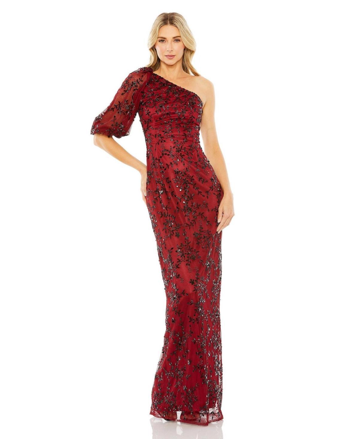 Mac Duggal Womens One Shoulder Puff Sleeve Embellished Column Gown Product Image