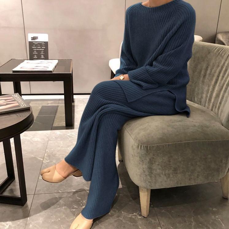 Set: Raglan-Sleeve Round Neck Slit Ribbed Sweater + Wide Leg Knit Pants Product Image