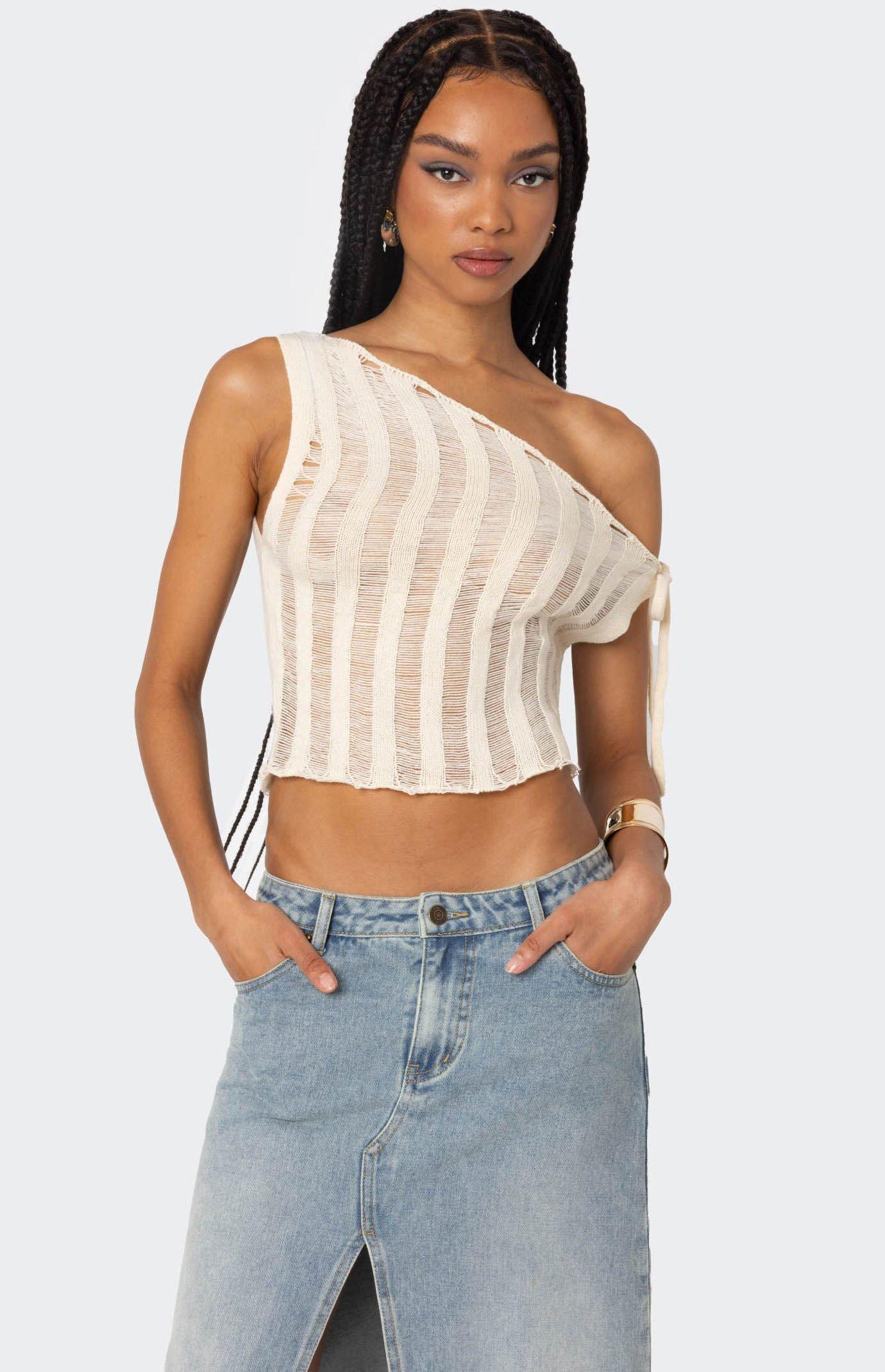 Edikted Women's Tamra Sheer Knit Asymmetric Top Product Image