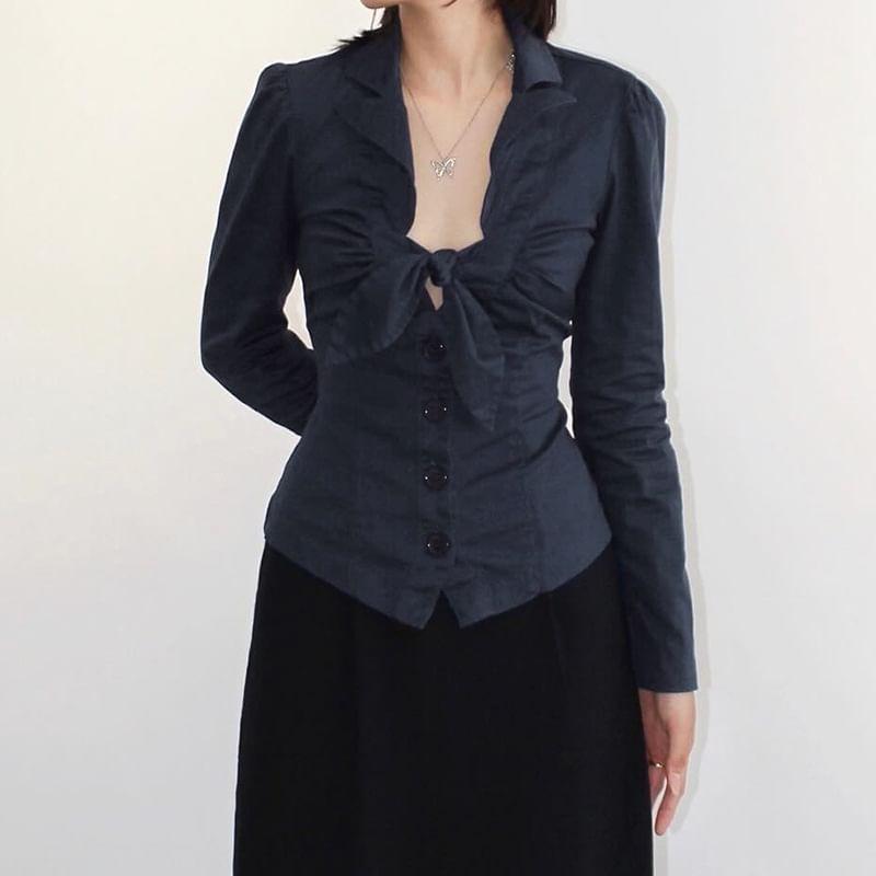 Long Sleeve Ribbon Tie Front Button Up Blouse Product Image