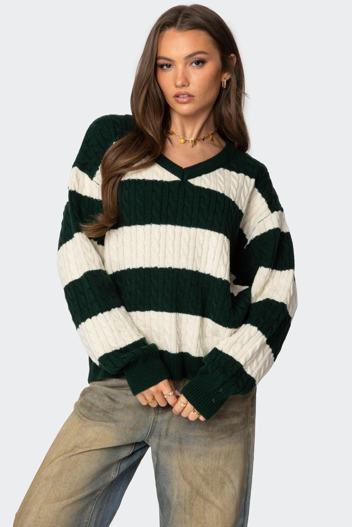 Oversized Striped Cable Knit Sweater Product Image