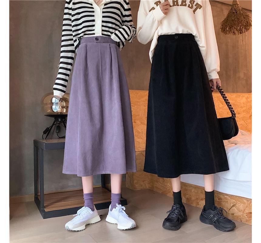 High-Waist Corduroy A-Line Midi Skirt Product Image