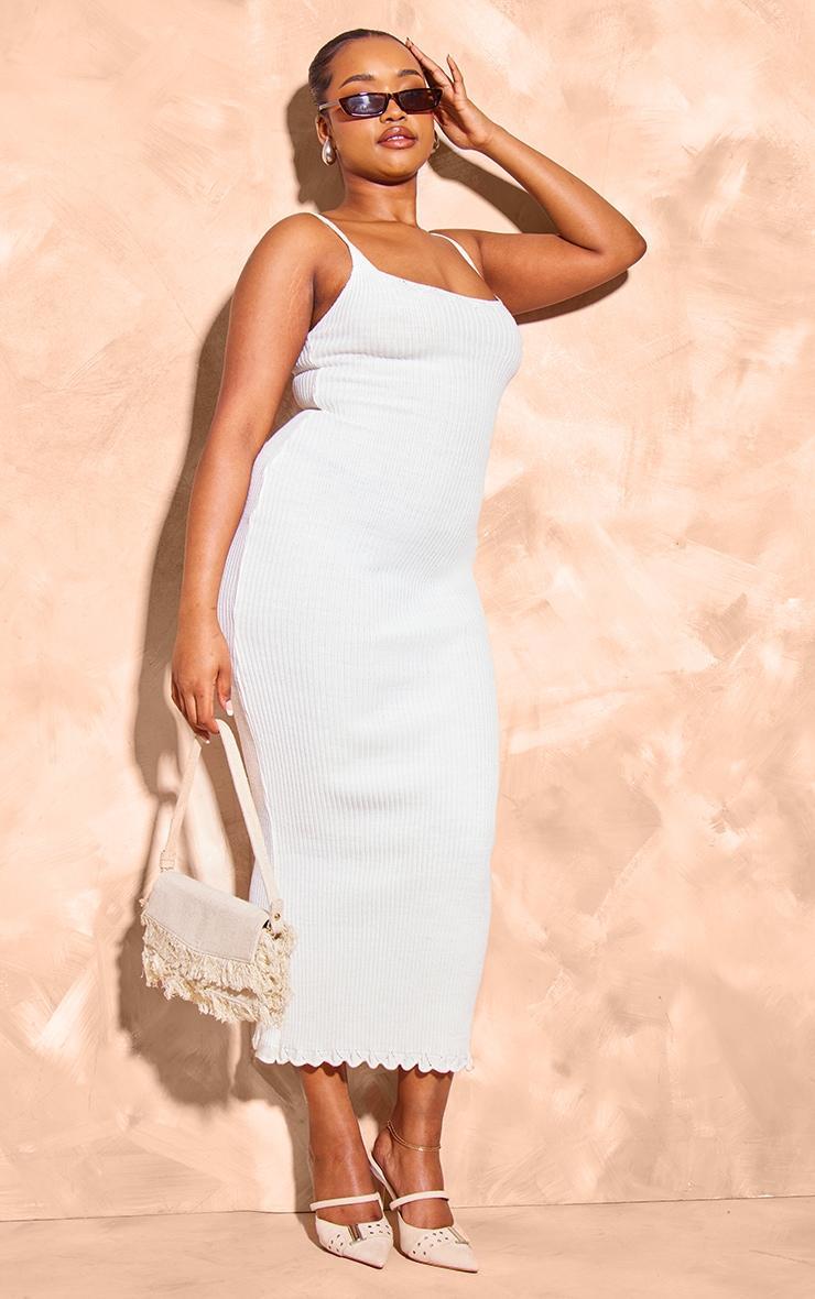 Plus Cream Knitted Ribbed Edge Detail Midi Dress Product Image