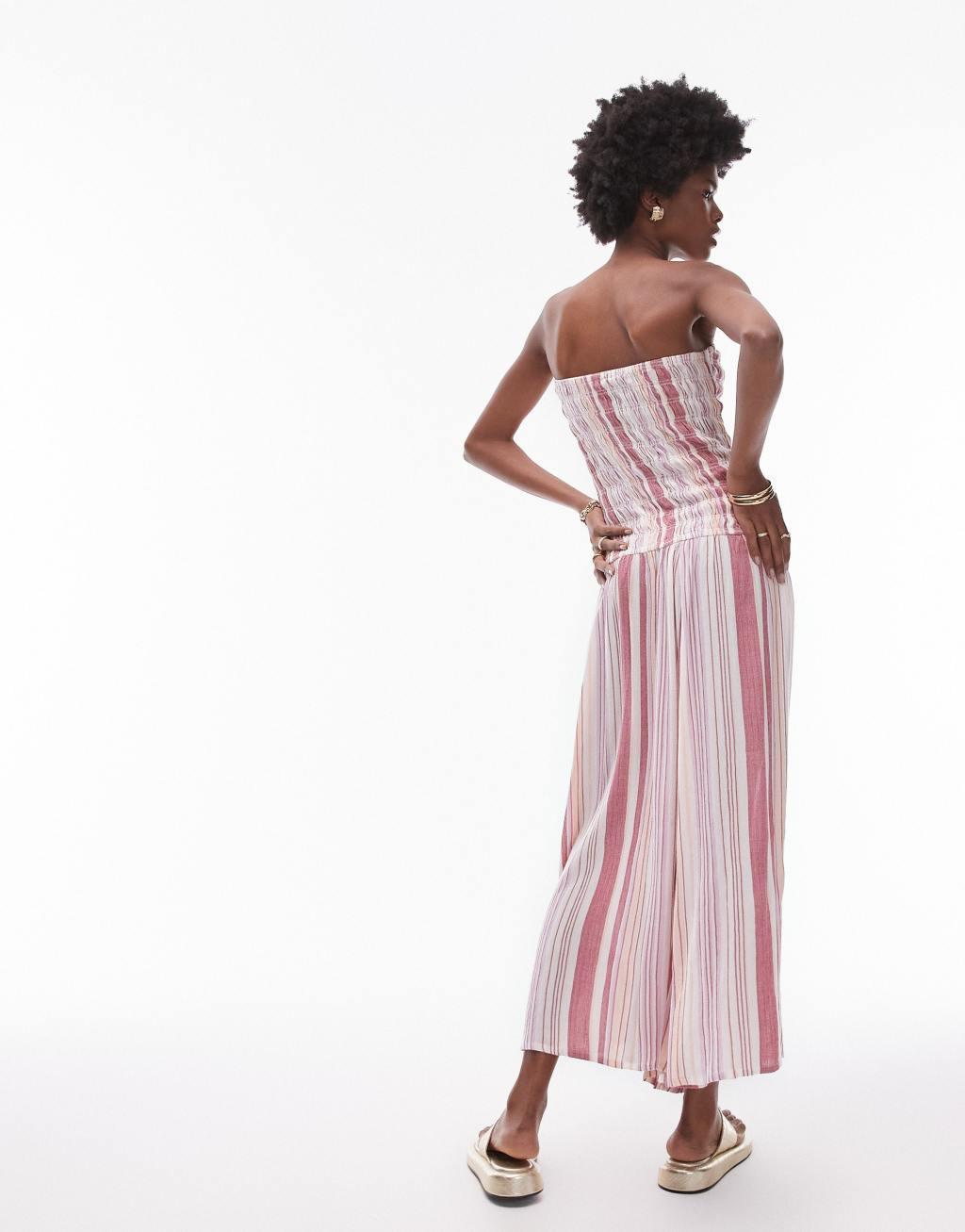 Topshop shirred bandeau midi dress in pink stripe Product Image