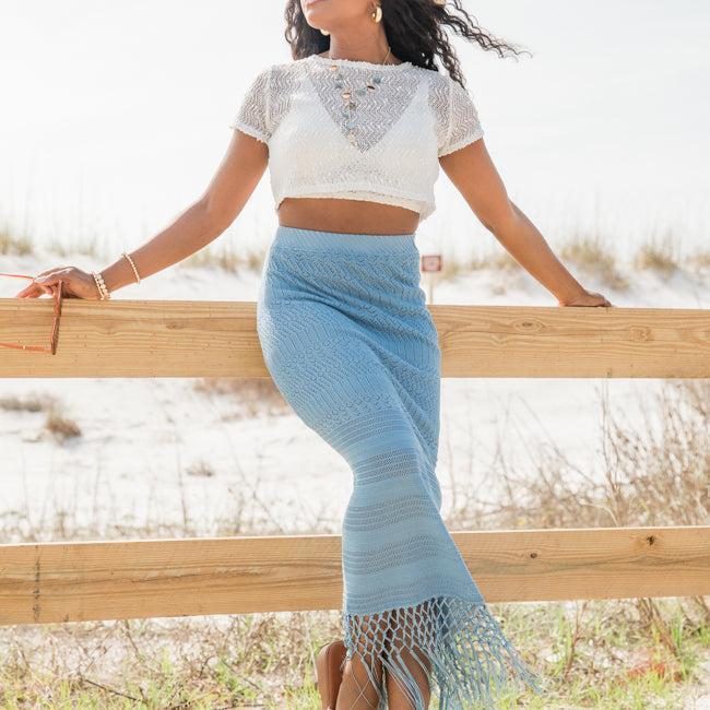 Clover Fields Blue Fringe Hem Knit Maxi Skirt Product Image