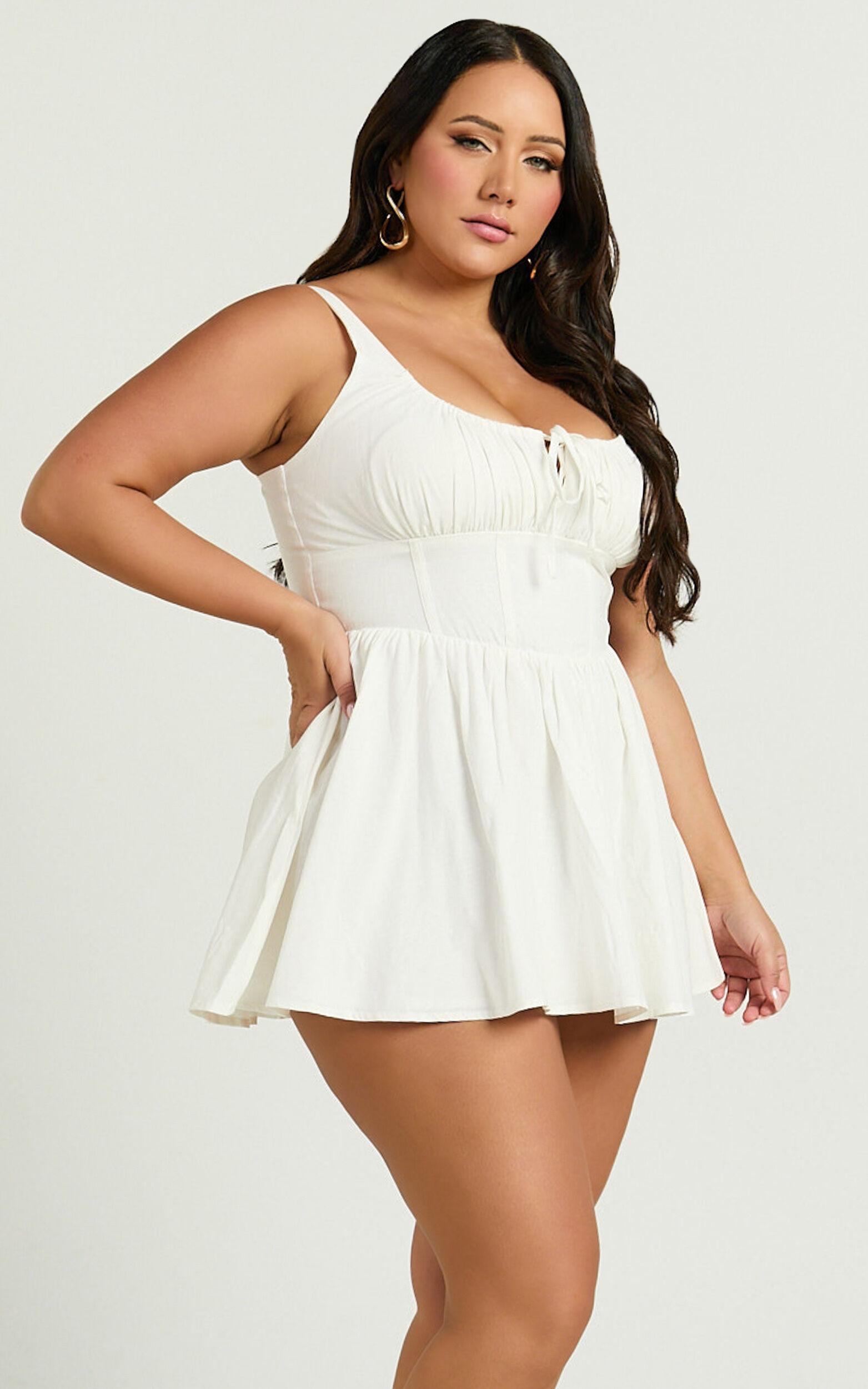 Keegan Mini Dress - Ruched Bust Front Tie Gathered Skirt Dress in White Product Image