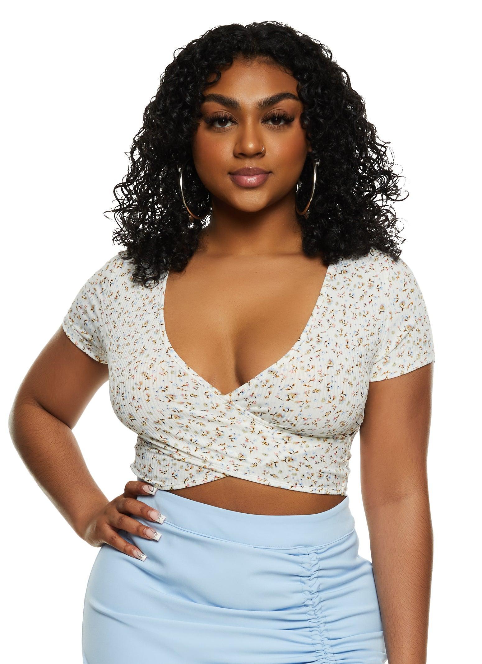 Womens Ribbed Floral Print Twist Front Crop Top Product Image