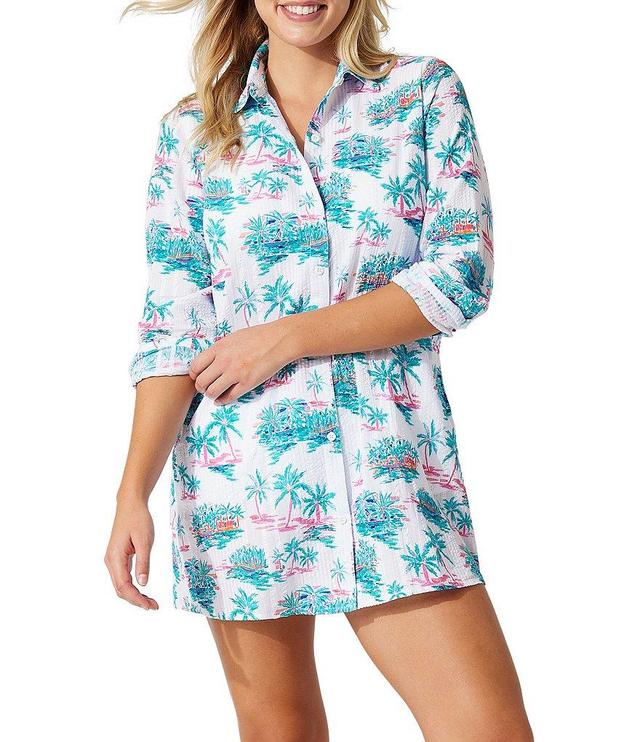 Tommy Bahama Tropical Oasis Scenic Print Point Collar Neck Button Front Boyfriend Shirt Swim Cover-Up Product Image