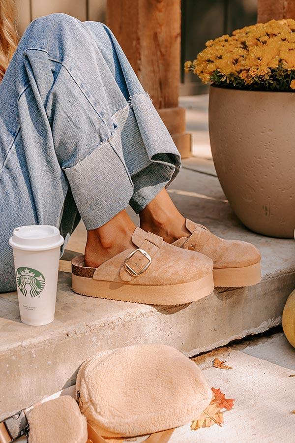 The Payton Faux Suede Platform Clogs in Iced Latte Product Image