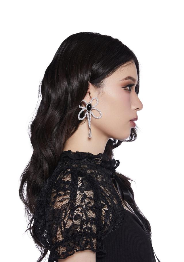 Girly Goth Pearl Bow Drop Earrings - Off White Product Image