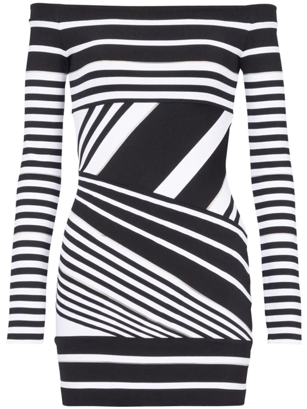 Stripe Off The Shoulder Long Sleeve Minidress In Black Product Image