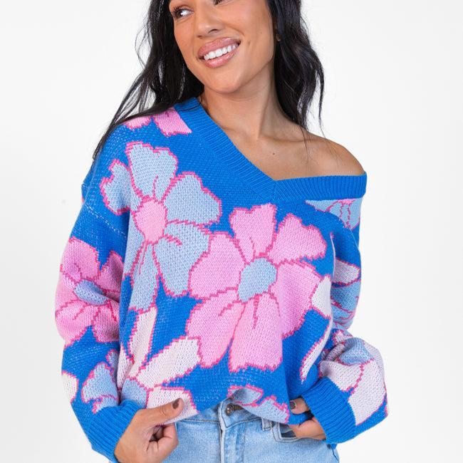 Lively Love Blue Multi V-Neck Floral Print Sweater Product Image