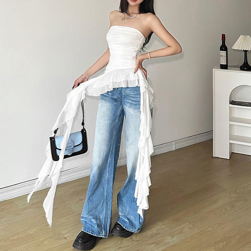 Plain Ruffle Asymmetrical Ruched Tube Top Product Image