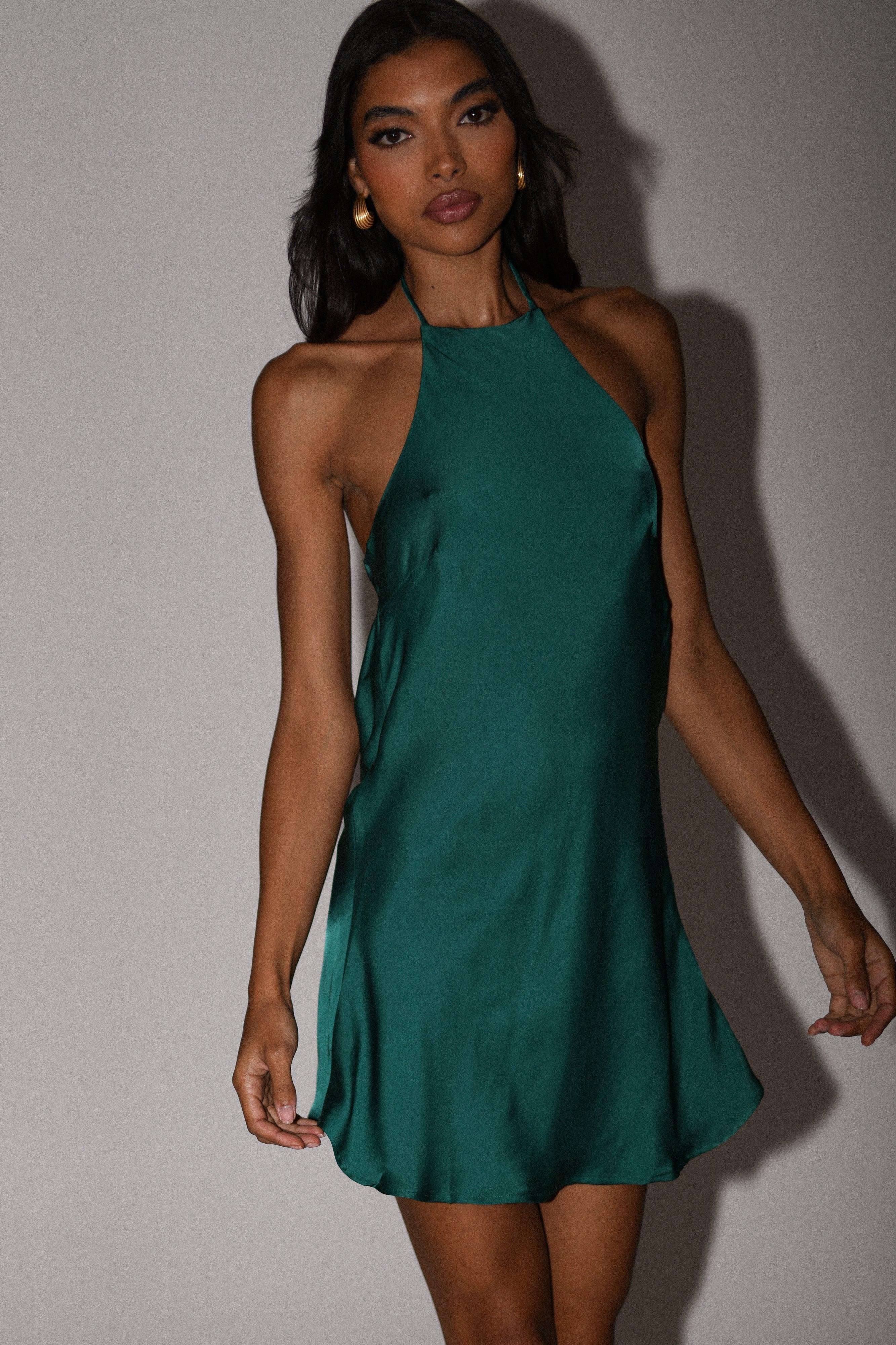 Atlas Satin Bow Mini Dress - Emerald Product Image